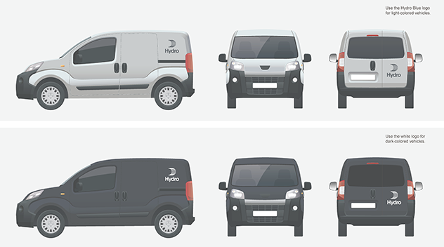 courier cars with hydro logo on top back side as well as right rear door. Hydro blue on light car, white on dark car.