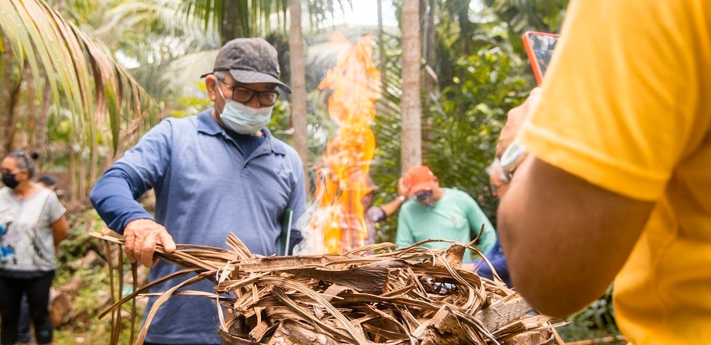 a person wearing a mask and holding a stick with fire in the background